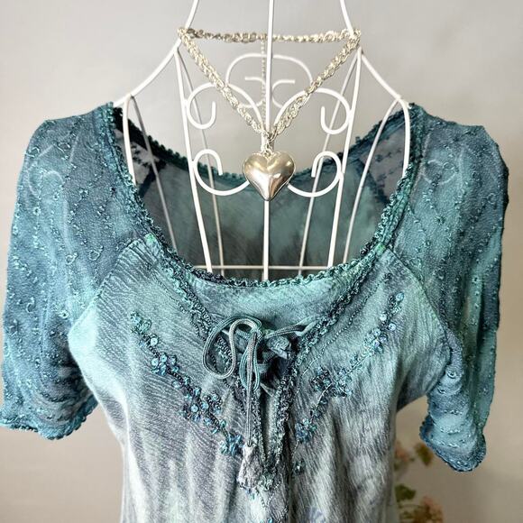 fairy vintage 90s y2k embroidered sequin patchwork babydoll flowy top - Picture 4 of 8